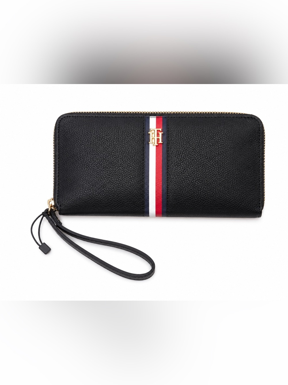 New! Leather Tommy Hilfiger Black Zip-Around Wallet with strap